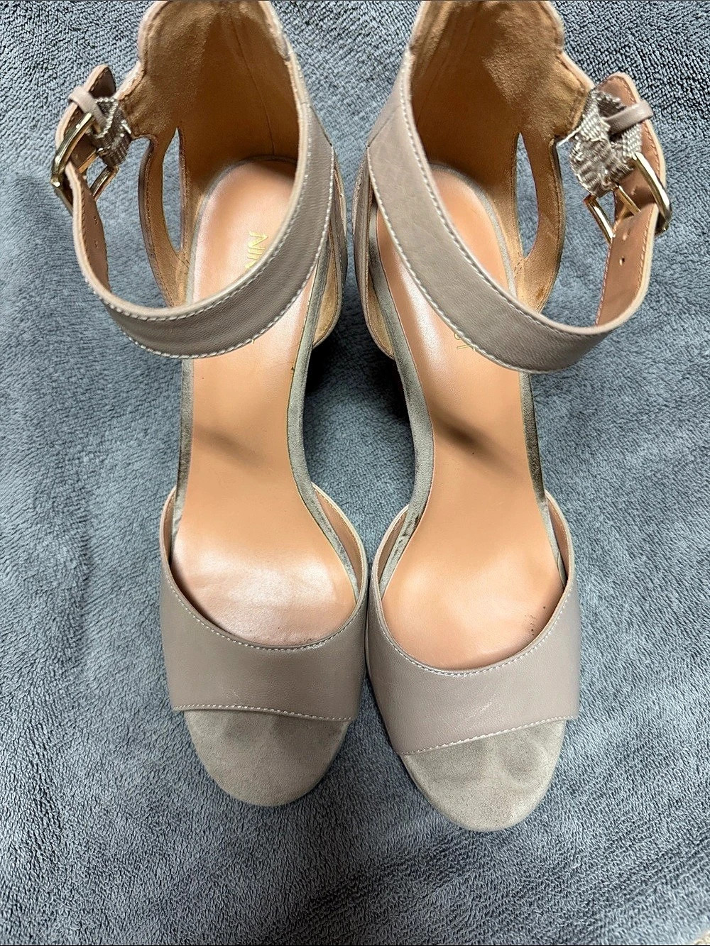 Nine West Peep Toe Ankle Strap Heels in Taupe